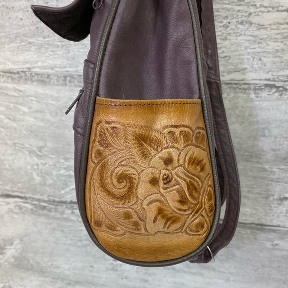 Tooled Leather Backpack Boho Western Mini Bag Purse Satchel VTG Purple Tan - Picture 6 of 9